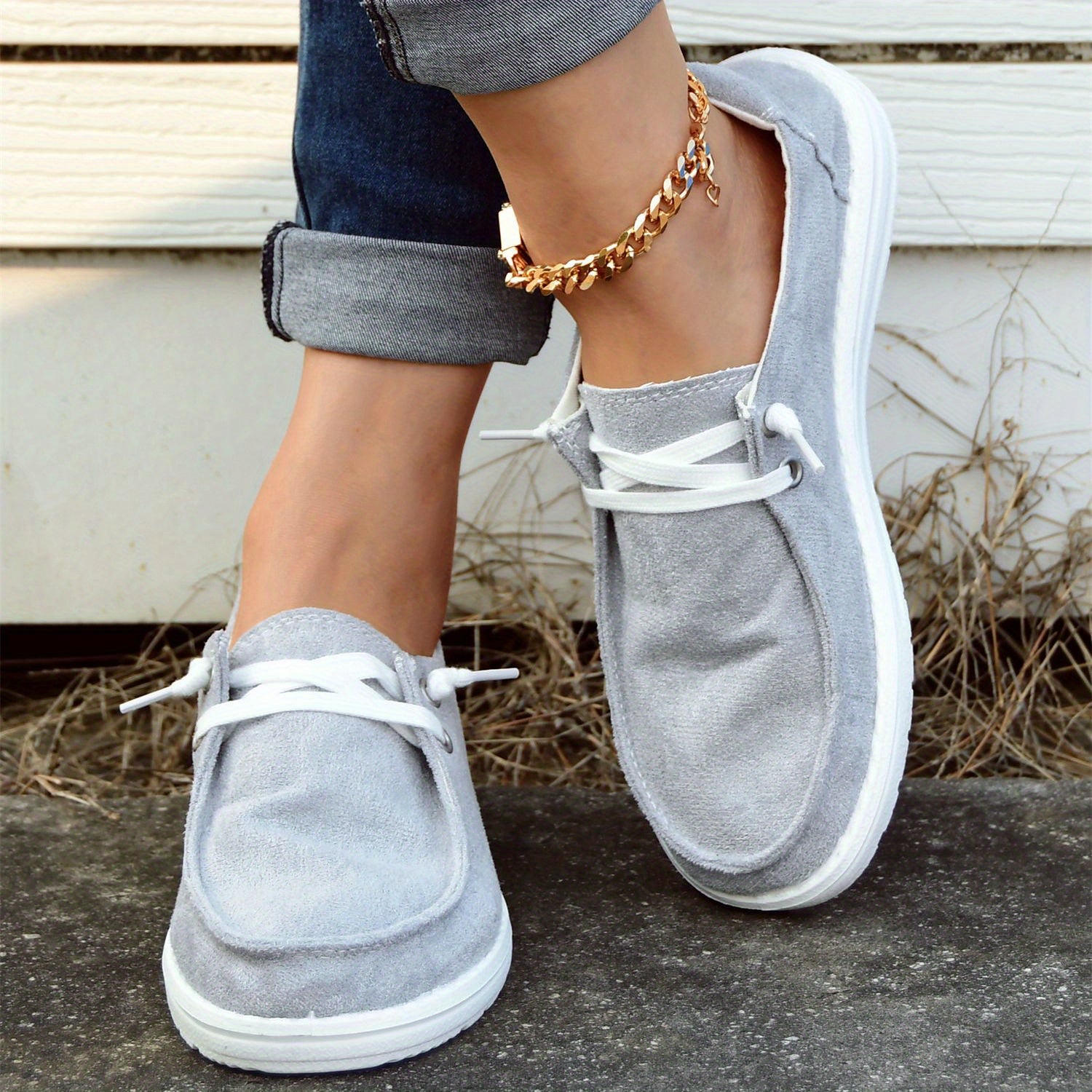 Women's Gray Boat Shoes Slip-On Walking Sneakers