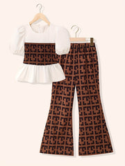 Girl's Geometric Pattern 2pcs Puff Sleeve Shirt & Flared Pants Set