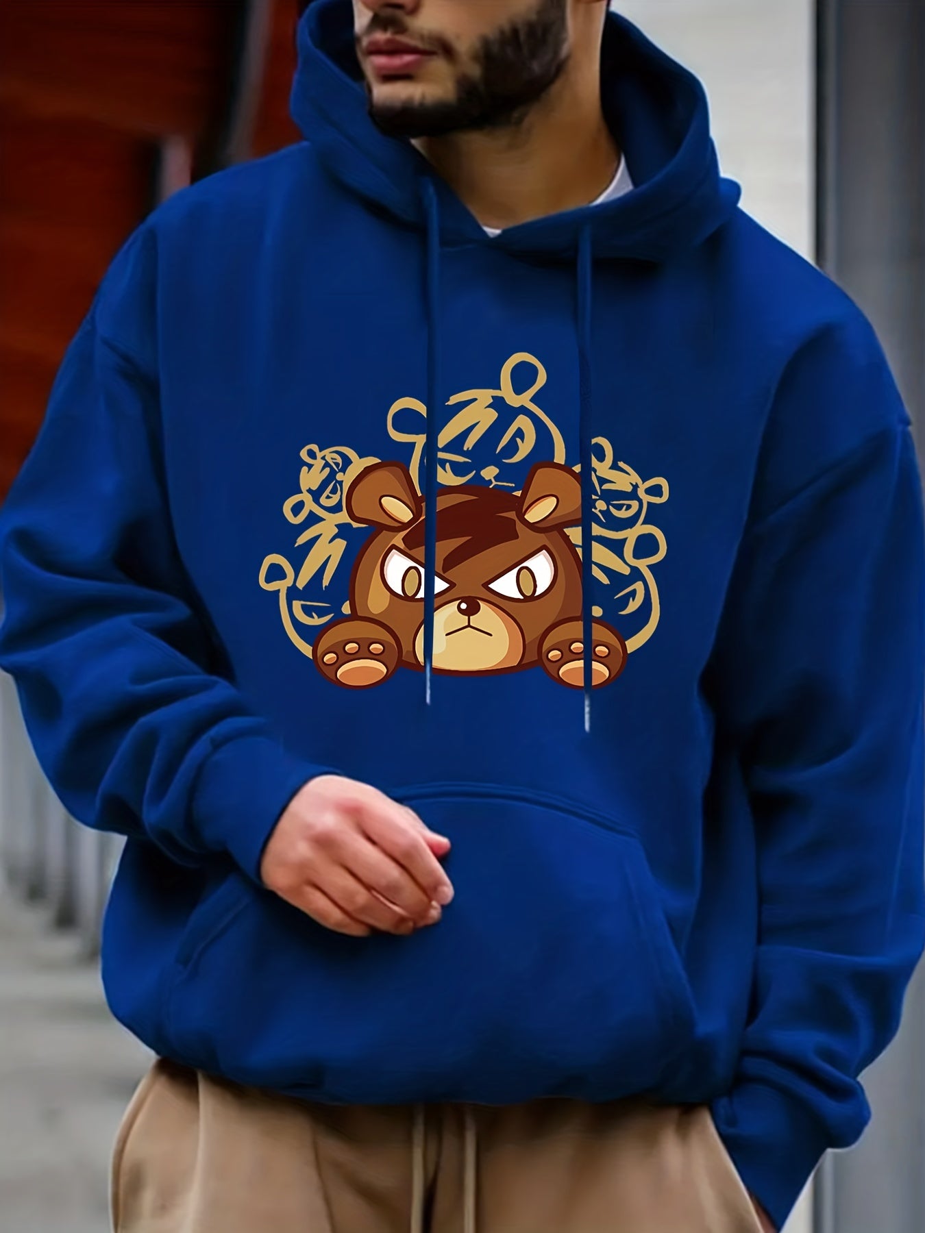 Cartoon Bear Print Hoodie for Men Casual Graphic Pullover Hooded Sweatshirt