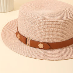 Vintage Pink Straw Flat Top Hat British Style Beach Sun Hat