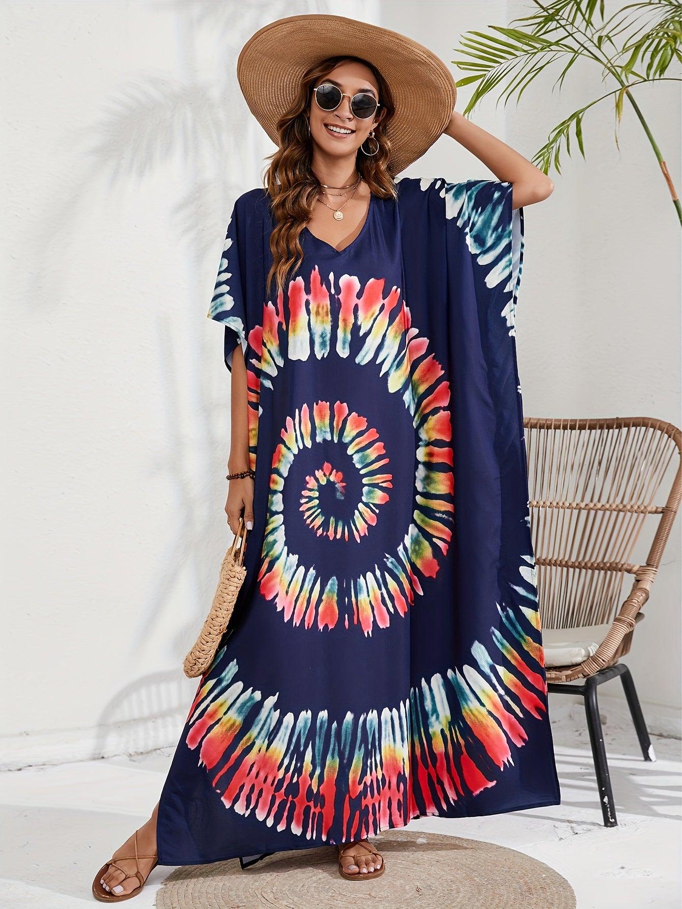 Boho Cover Up Spiral Tie Dye Batwing Sleeve V Neck Split