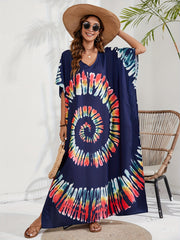 Boho Cover Up Spiral Tie Dye Batwing Sleeve V Neck Split