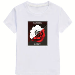 Girl's Mysterious Rose Print Outdoor Sport Tee Tops