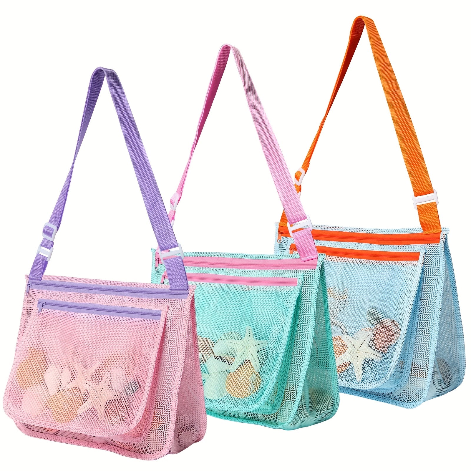 Seashell Collecting Bags Set Breathable Mesh Beach Bags Pink Green Beach Toy