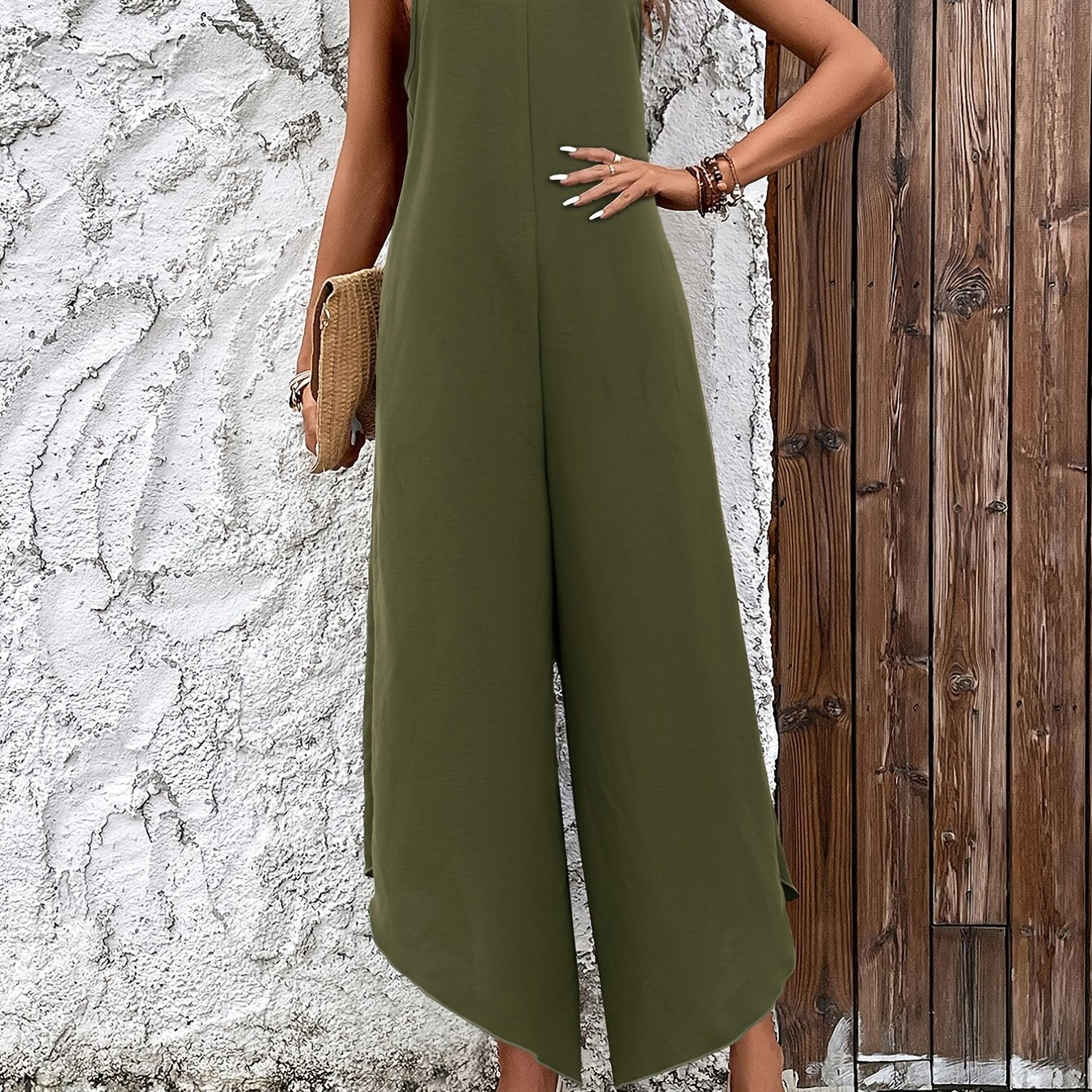 Boho Solid Spaghetti Jumpsuit Casual Pleated Sleeveless Long Length
