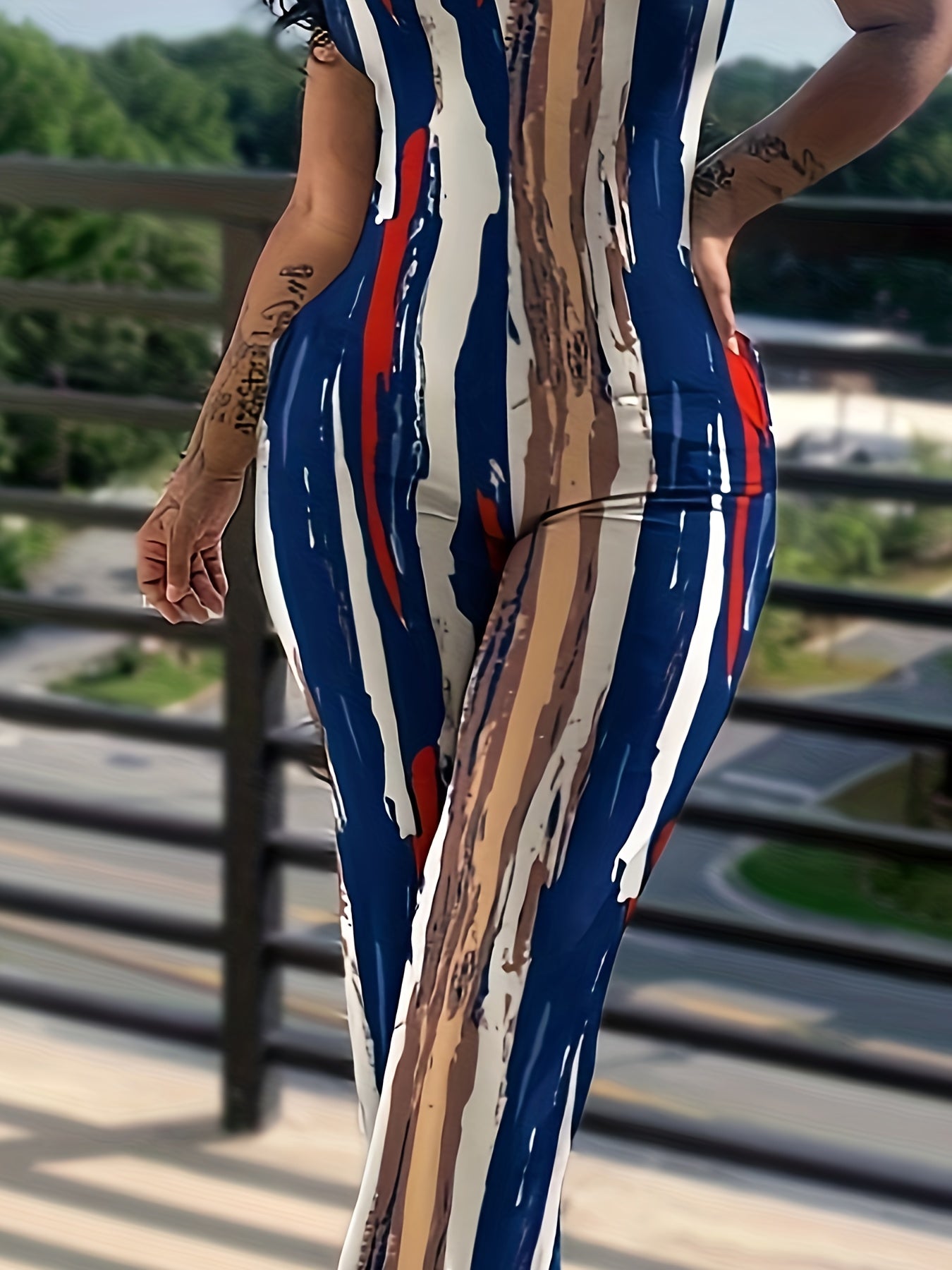 Colorful Stripe Print Round Neck Cami Jumpsuit