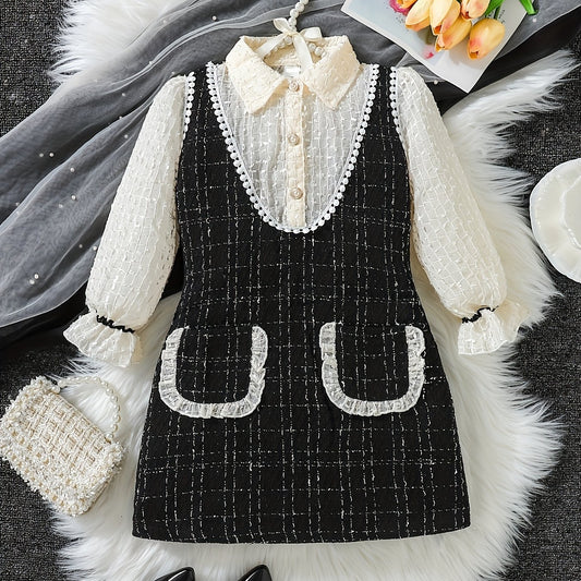 Girls' Tweed Knit Stitching Collared Long Sleeve Dress