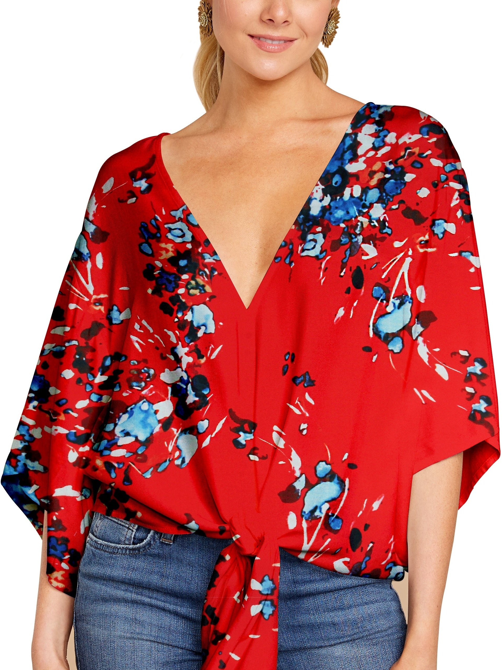 Floral Print V Neck Tie Sleeve Blouse