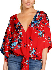 Floral Print V Neck Tie Sleeve Blouse