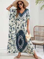 Tie Dye Batwing Sleeve V Neck Maxi Split Cover Up Dress