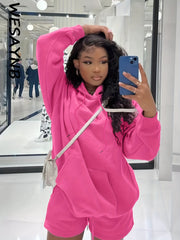 Solid Long Sleeve Hoodie & Shorts 2 Piece Set