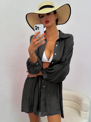 Solid Cover Up Shirt Semi Sheer Loose Fit Beach Coverup Women's Swimwear