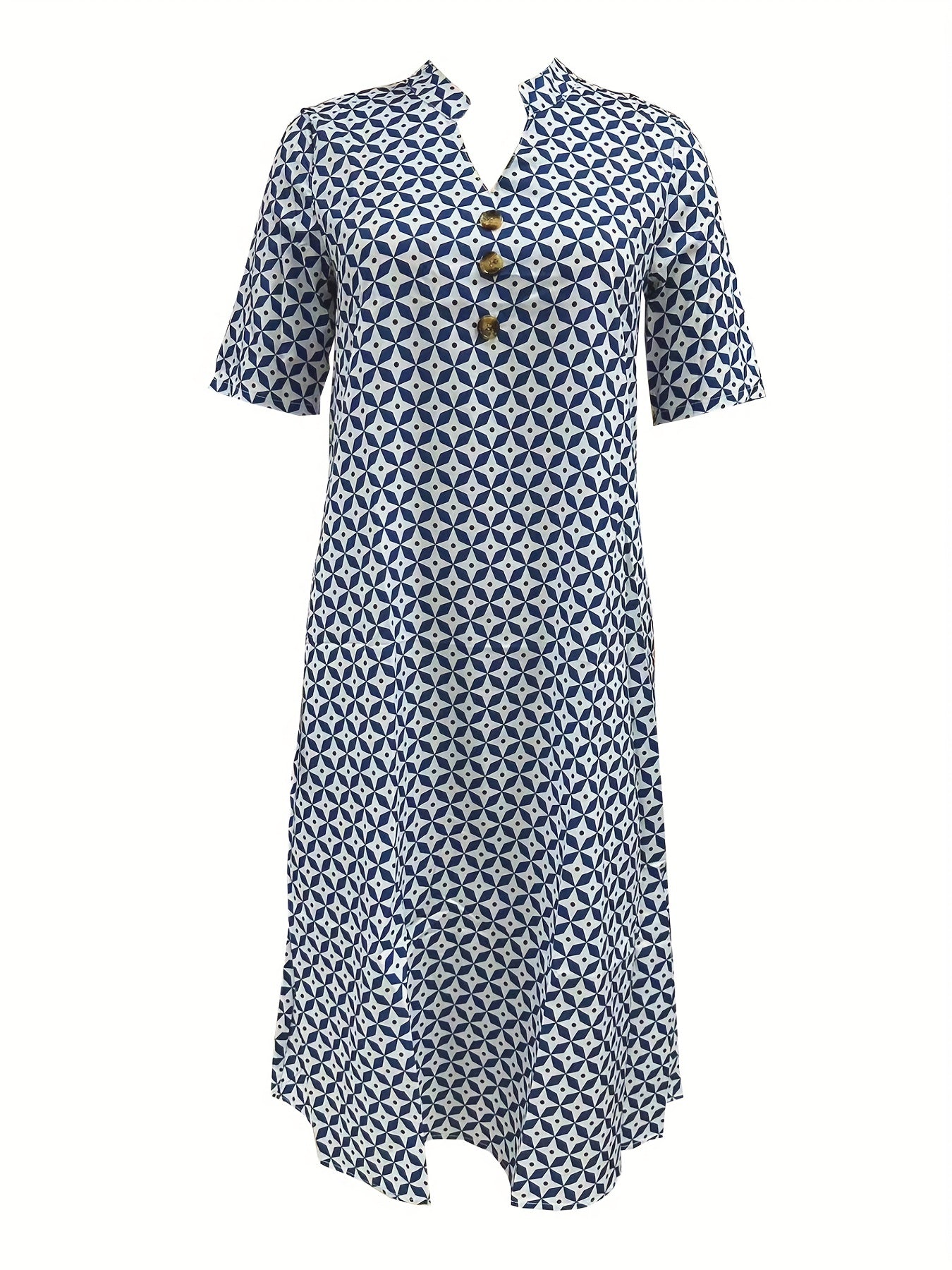 Button Front Allover Print Dress Casual Short Sleeve Dress