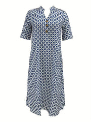 Button Front Allover Print Dress Casual Short Sleeve Dress