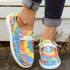 Tie Dye Flower Boat Shoes Lace Up Canvas Lightweight Breathable Walking Shoes