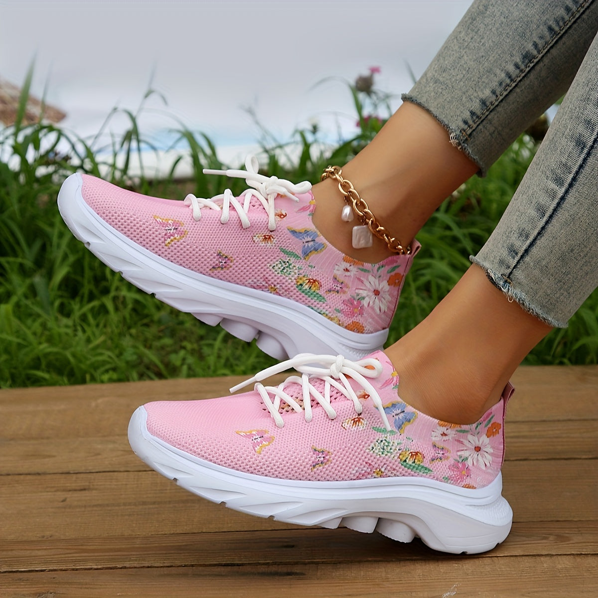 Women's Knitted Sneakers Floral & Butterfly Print Sports Shoes