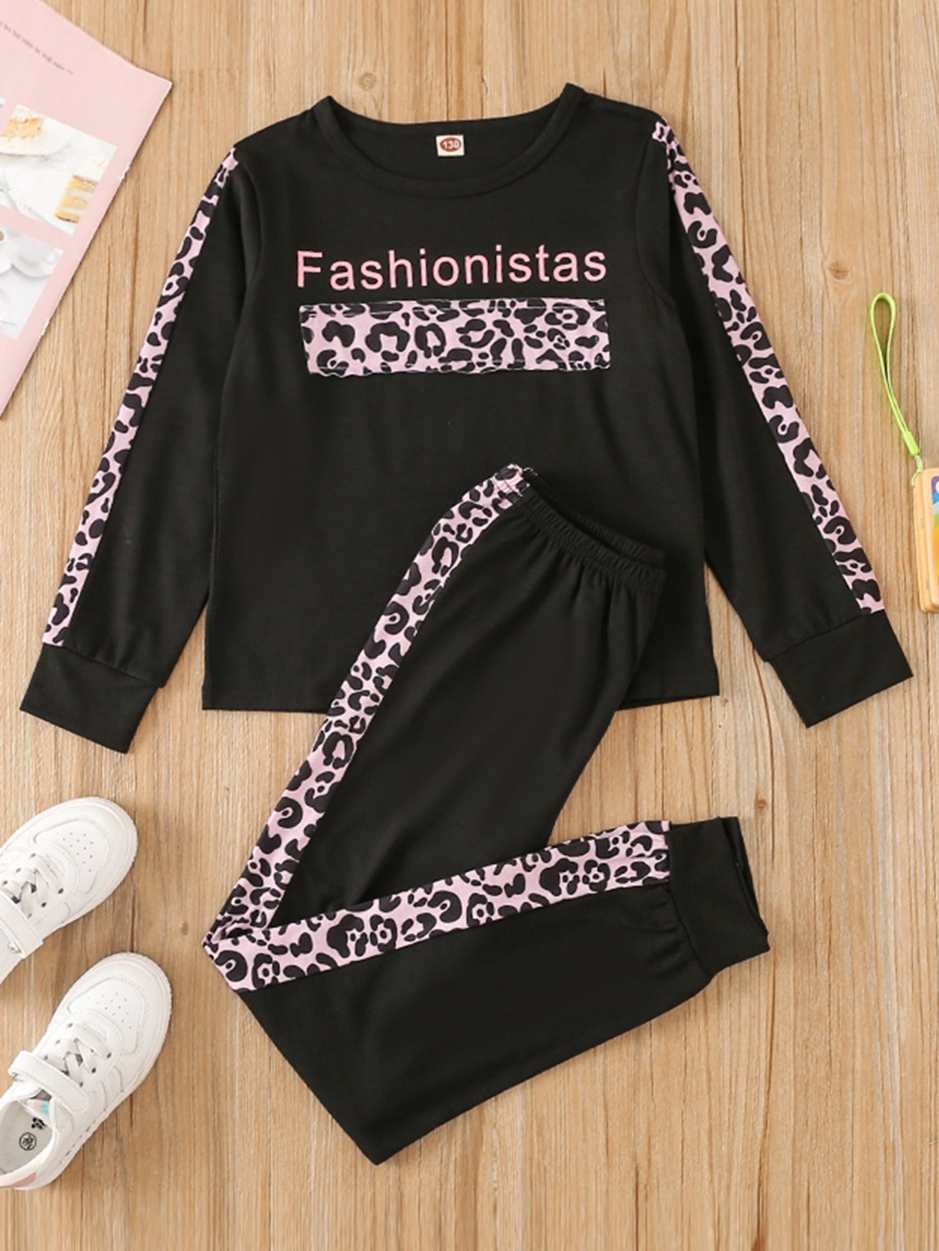 Girls Patchwork Leopard Crew Neck Long Sleeve Loungewear