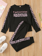 Girls Patchwork Leopard Crew Neck Long Sleeve Loungewear