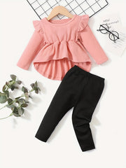 Baby Girls Cartoon Ruffled Ribbed Peplum Top & Pants Set