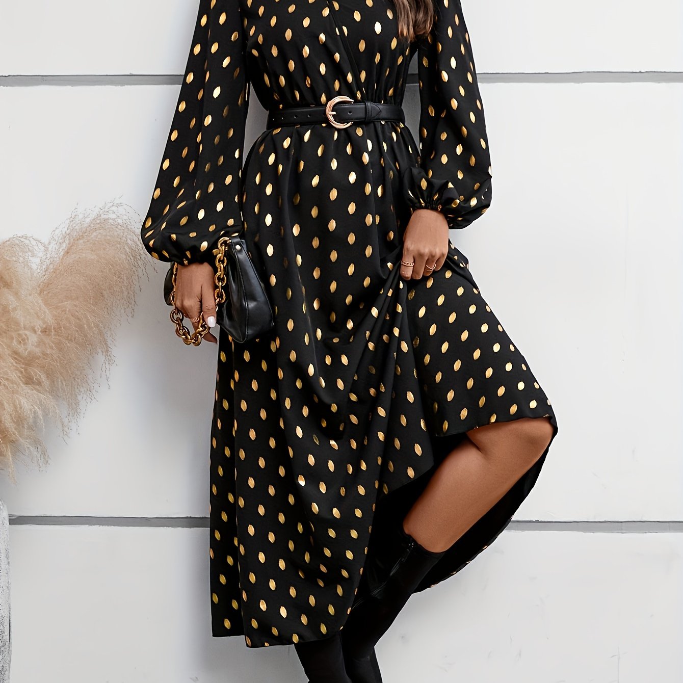 Golden Dot Print Lantern Sleeve V Neck Maxi Dress