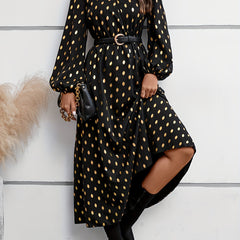 Golden Dot Print Lantern Sleeve V Neck Maxi Dress