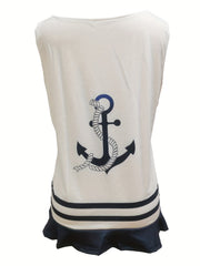 Anchor & Stripe Print Ruffle Trim Zip Up Tank Top