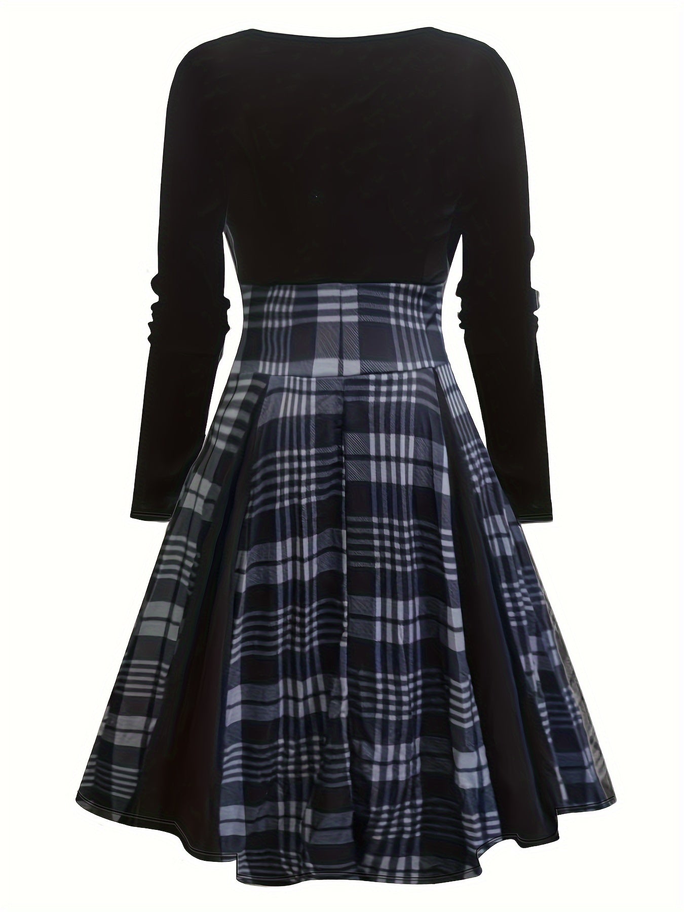 Retro Dress Women's Plus Plaid Long Sleeve V Neck Dress