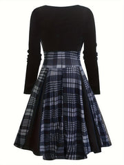 Retro Dress Women's Plus Plaid Long Sleeve V Neck Dress