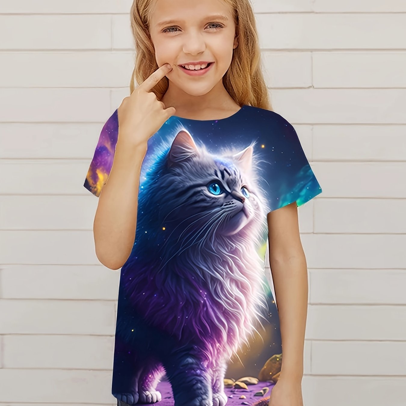 Aurora Cat Graphic Short Sleeve T shirt for Girls, Summer Sports Pullover
