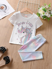 Toddler Girls Pajamas Set Cartoon Print Short Sleeve Top & Matching Pants