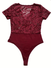 V Neck Lace Bodysuit Short Sleeve Summer Casual Women's Clothing