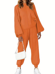 Women's Plus Solid Lantern Sleeve Top & Joggers Outfits 2 Piece Set