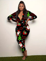 Christmas Print Lounge Jumpsuit Long Sleeve V Neck Buttons Jumpsuit