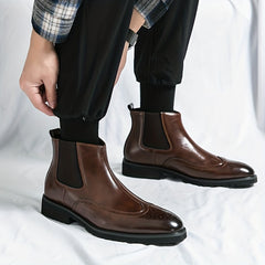 Men's Brogue Chelsea Boots Pointed Toe Slip On Ankle Boots