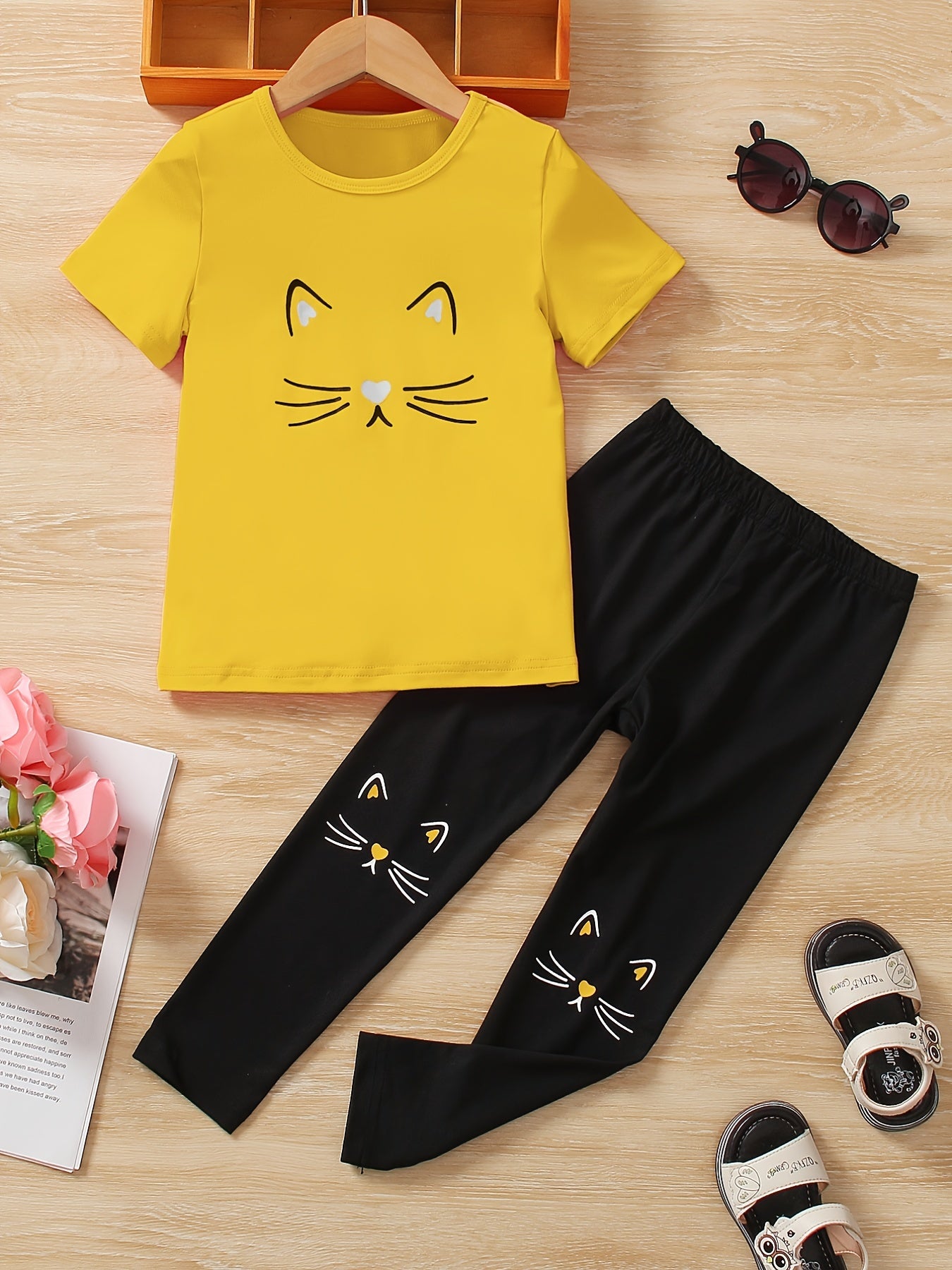 Girls Cat Print Short Sleeve Tee & Pants Set