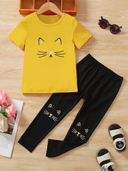 Girls Cat Print Short Sleeve Tee & Pants Set