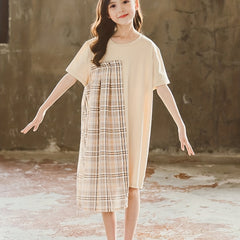 Girls' Plaid Patchwork Short Sleeve Casual Dress