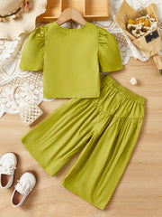 Girls Short Sleeve Cropped Top & Elastic Waist Pants Set