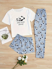 Cartoon Panda Print 3 Pc Loungewear Set Women's Plus