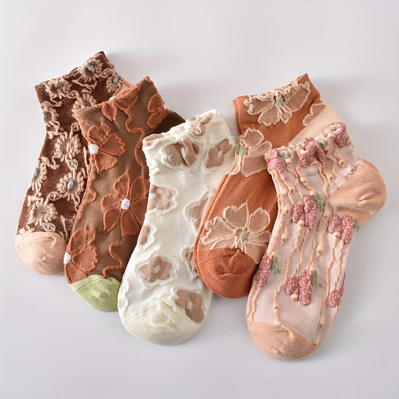 5 Pairs 3D Floral Textured Socks Retro Style Short Women's Stockings