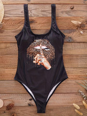 Leopard Lip Print V Back One Piece Swimsuit