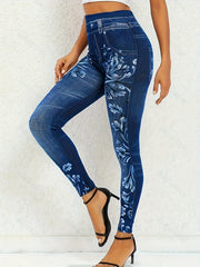 Denim & Floral Print Leggings High Stretch