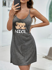 Bear Print Nightdress Crew Neck Sleep Dress Women's Sleepwear
