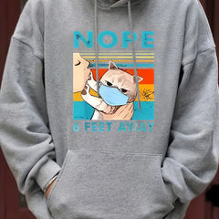 Men's Cartoon Cat & NOPE Print Hooded Sweatshirt Long Sleeve Drawstrings