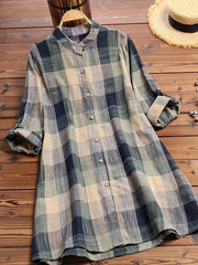 Colorblock Grid Print Button Up Blouse