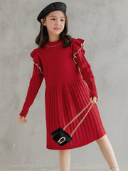 100% Cotton Girls Vintage Ruffle Trim Long Sleeve Knit Dress