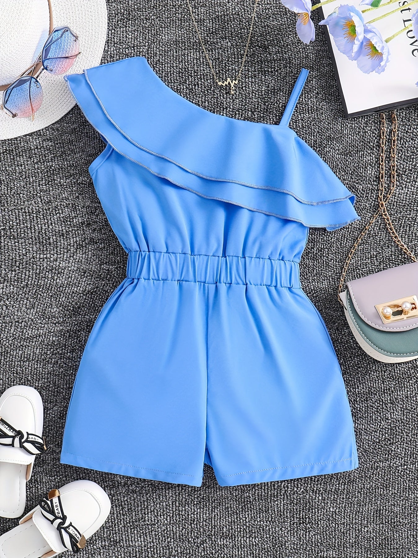Girls One Shoulder Ruffles Romper Kids Summer Jumpsuit