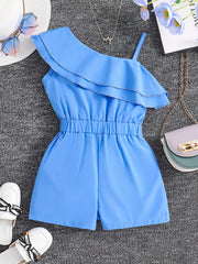 Girls One Shoulder Ruffles Romper Kids Summer Jumpsuit