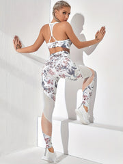 2pcs Floral Print Sports Bra & Mesh Insert High Waist Butt Lifting Activewear