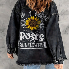 Dark Grey Sunflower Denim Jackets Long Sleeves Letter Print